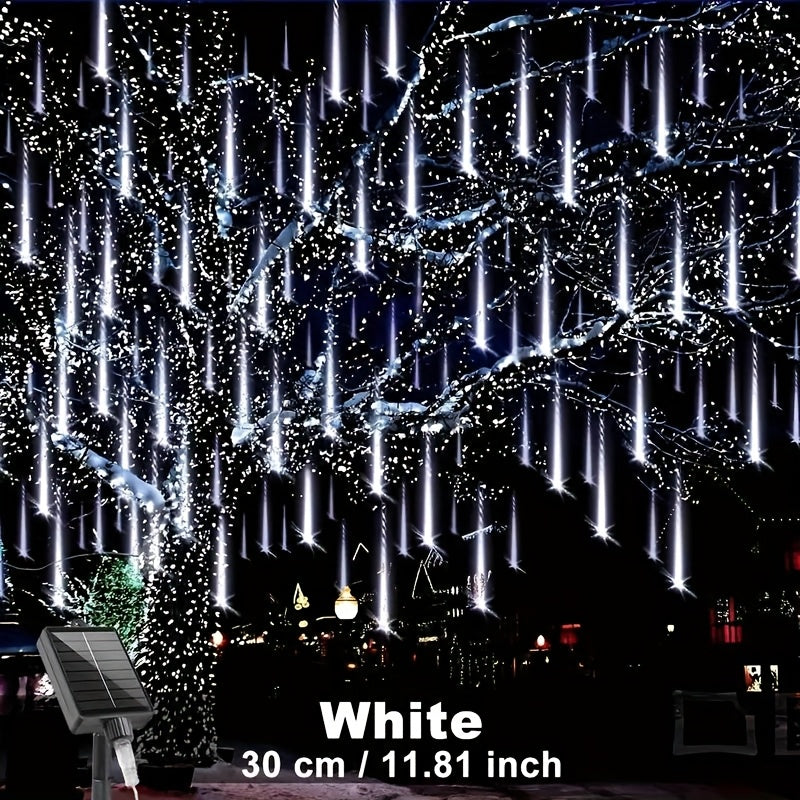 1 piece 30cm/11.81inch or 45cm/17.72inch solar meteor tube light outdoor, automatic on/off, smart light sensor, 192LED/288LED 8-tube hanging solar fairy light, IP65 high quality, suitable for garden, wedding, Christmas, Halloween, party