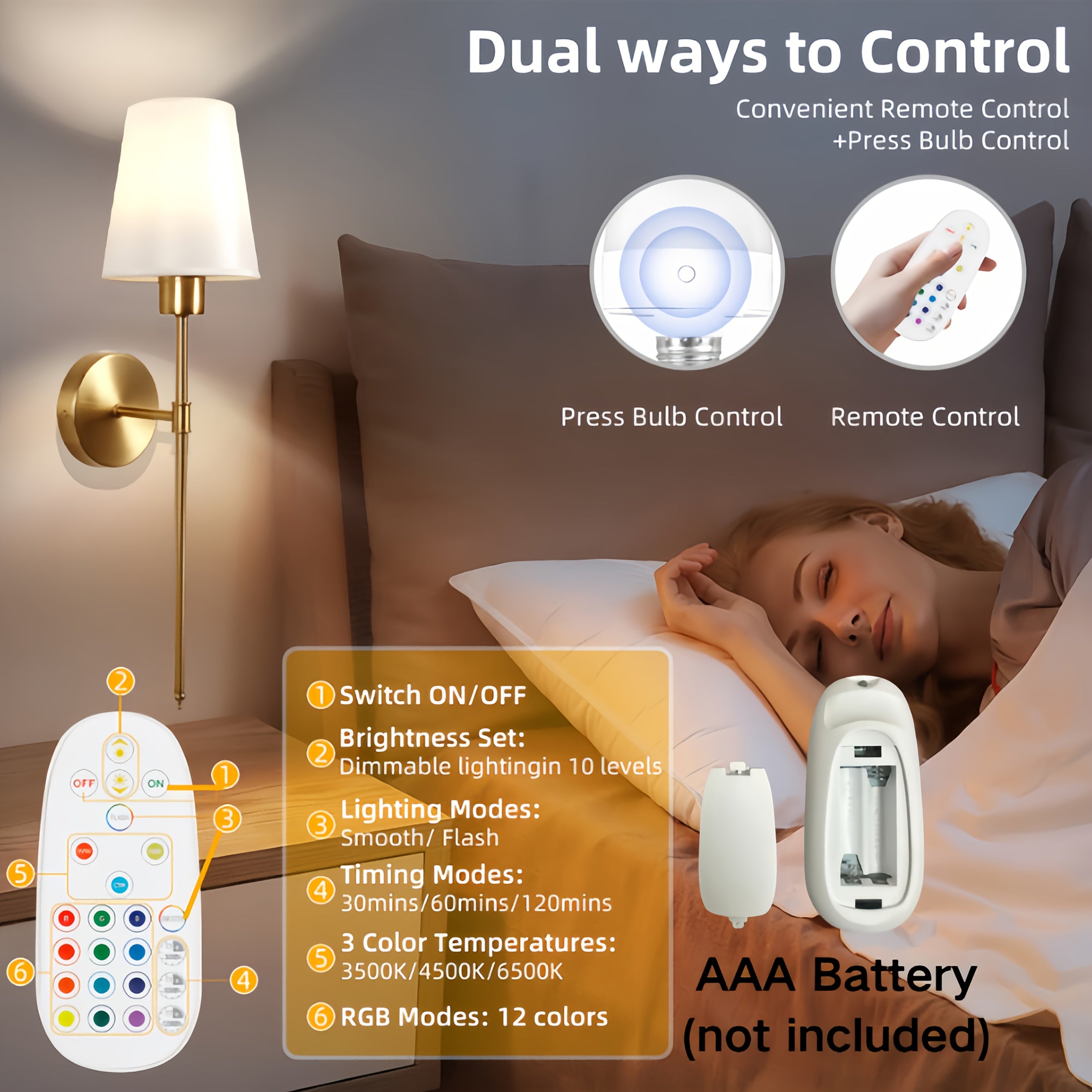 2 Sets Battery Operated Wall Light, 2-Piece Black Rechargeable Wall Light with Removable Remote Bulb, Supports RGB Colors and 3 Color Temperatures, Dimmable Wireless Wall Light for Bedroom