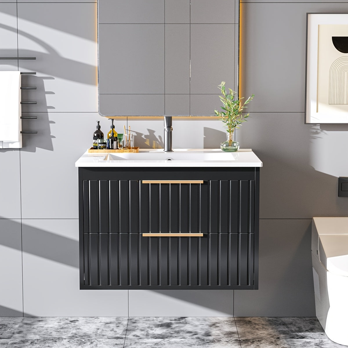 Bathroom Vanity with Sink - Wall Mount Floating Basin Cabinet, Soft-Close 2 Large Drawers, Modern Textured Stripe Design, Hidden Damping Drawers