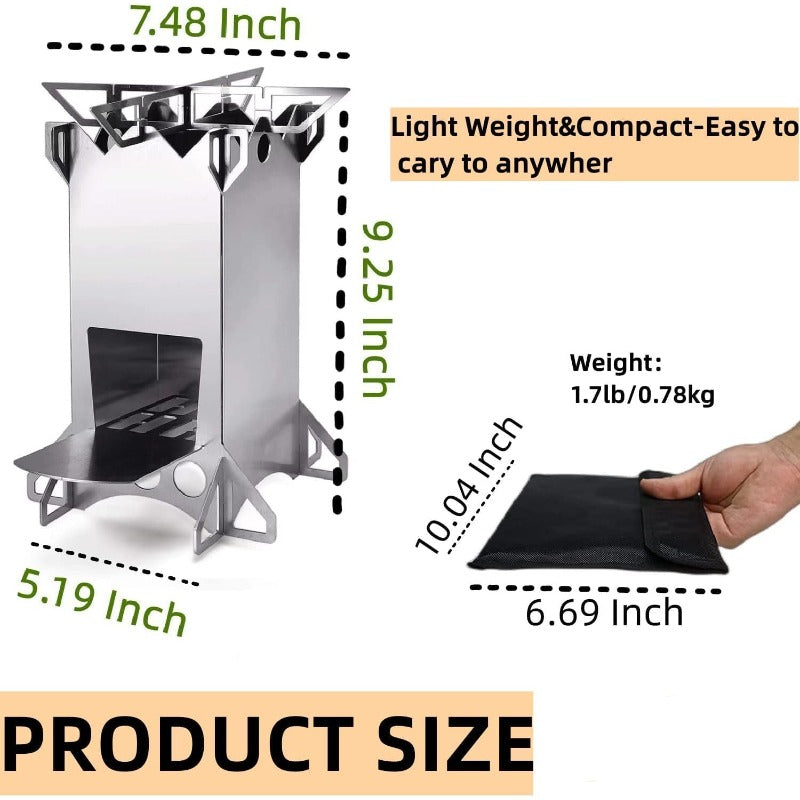 Portable Wood Burning Camping Stove - Outdoor Rocket Stove with Chimney System, Efficient Combustion, Foldable & Lightweight (Works with Wood, Charcoal, Coal, Solid Fuel) - Ideal for Hiking, Survival, RV, BBQ, Picnic -