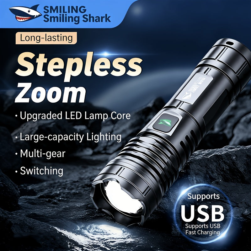 1Pc/2Pcs/3Pcs SMILING SHARK Rechargeable Flashlight, Super Bright Handheld Light, LED Torch, Zoomable High-Light Flashlight, Telescopic Design, Ultra-Long Battery Life, 5 Lighting Modes, Ideal for Home Emergency Hiking Travel SD5404