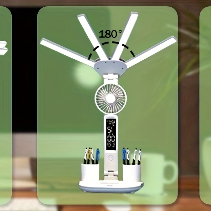 Folding Desk Lamp with Fan & Clock, USB Rechargeable