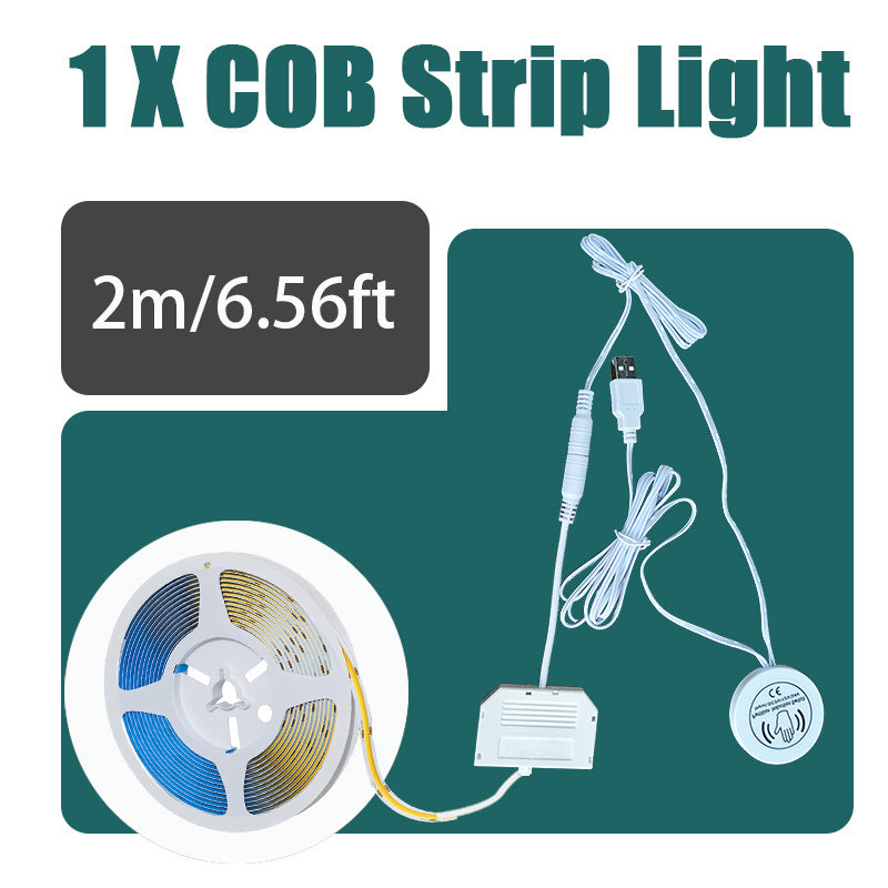 8mm 5V COB LED灯带，长度可选39.37英寸、78.74英寸或3米，配备USB接口、可调光触摸传感器和暖白光。这款无点可裁剪灯带非常适合用于厨房橱柜、衣柜、鞋架和卧室装饰