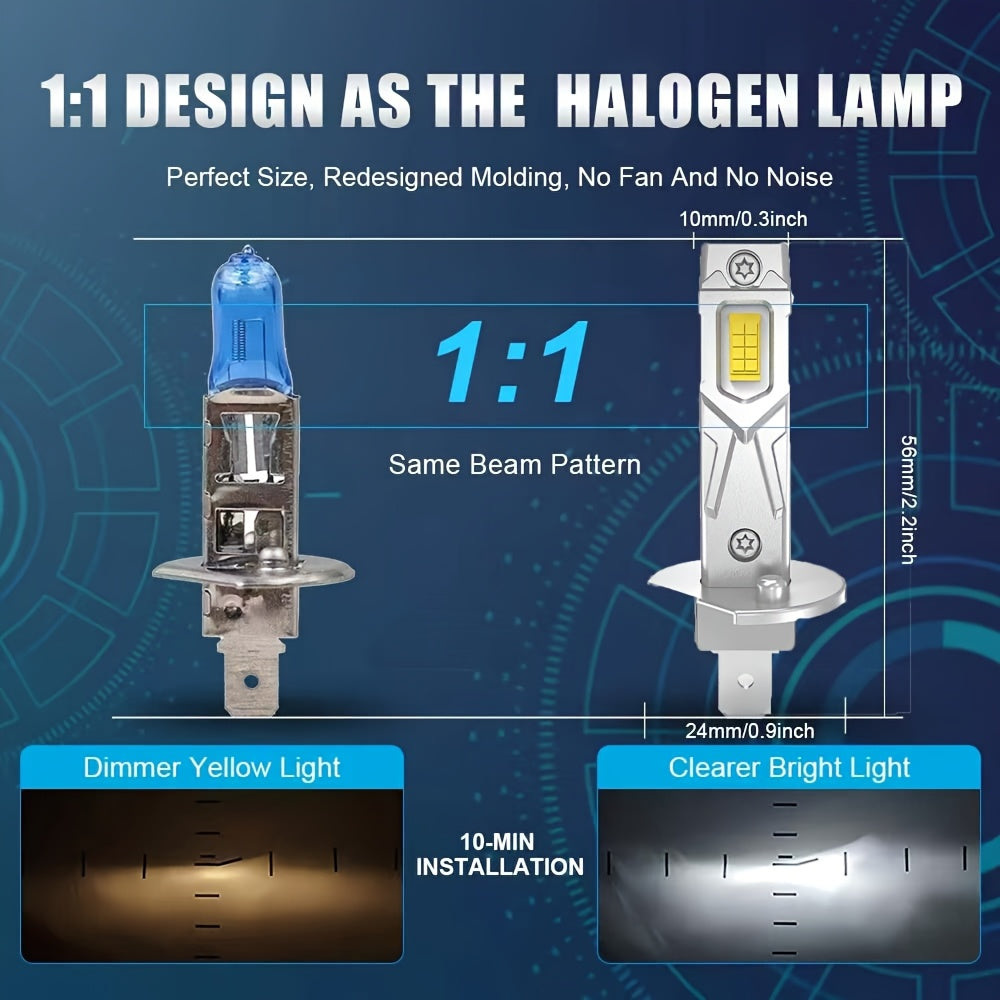 2-Pack 20000 Lumens H1 H3 LED Headlight Bulbs Canbus High Power 50W Car Headlight Fog Light Fanless Wireless Mini Size Vehicle Light 12V