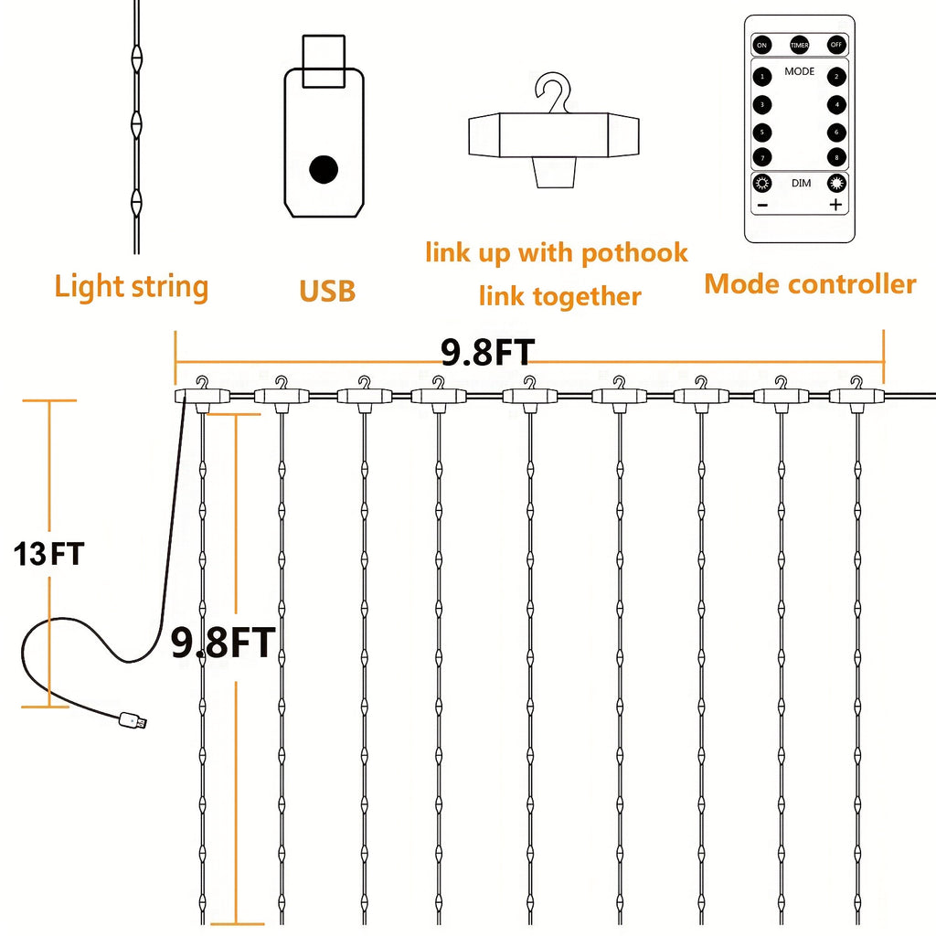 1個300顆LED窗簾燈帶，含遙控器 - USB供電，9.8英尺*9.8英尺暖白色瀑布燈串，8種模式，適用於婚禮、派對、聖誕節和萬聖節牆面裝飾