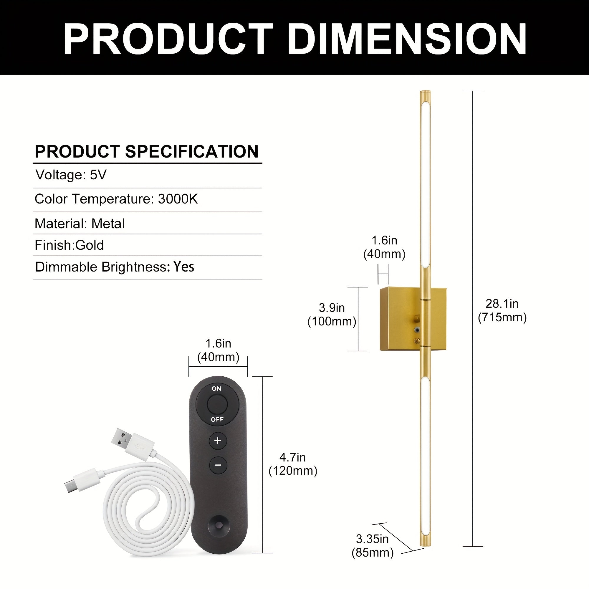 2-Pack Remote Control Linear LED Wall Light, 28-Inch Long Strip Stepless Dimming Wall Light All Gold Wall Light, for Stairs, Bedroom, Living Room Background Decoration, Metal Lamp Warm White Light, Rechargeable