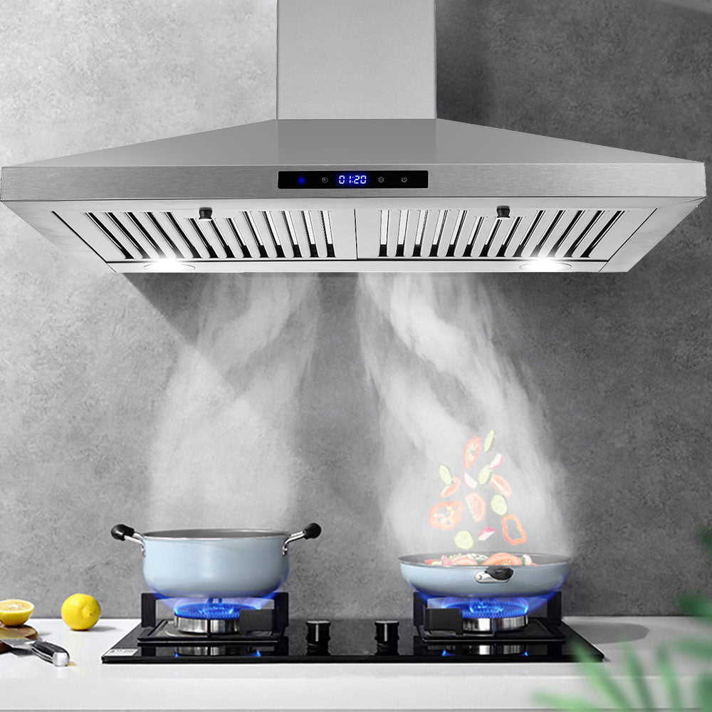 30-Inch Wall-Mounted Range Hood, 450 CFM Ventilation, Touch Control, Stainless Steel Design, LED Lighting, 3-Speed Fan, Available in Black and Silver