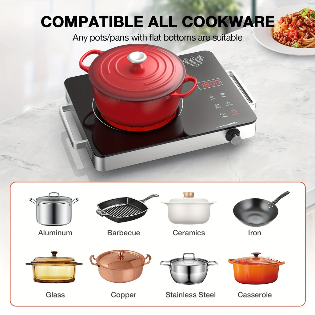 110V Portable Electric Hot Plate, Infrared Heating Plate, Knob Control, Single Burner Countertop Stove with Handle, 3-Hour Timer, Compatible with All Types of Cookware