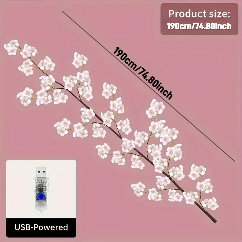 1件，190厘米/74.8英寸樱花枝户外灯，IPX4级USB供电8模式仙女DIY花环灯，适用于房间墙壁、庭院、婚礼、万圣节圣诞装饰（不含电池）