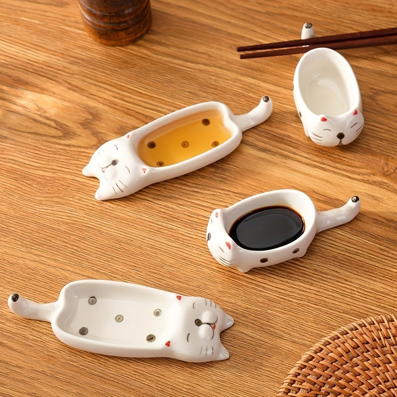 2Pcs/1Set Cat Ceramic Sauce Dish, Ins Japanese Style Cute Cat Multi-Functional Seasoning Tray 10*4.5cm/3.94*1.77in, Chopstick Rest, Small Plate for Snacks, Sushi, Soy Sauce Dip 13.5*4.5cm/5.31*1.77in
