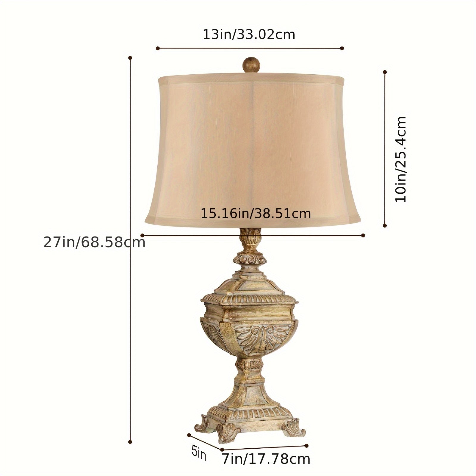 27-inch large brown resin table lamp with linen lampshade & 9W LED bulb - retro modern bedside lamp, brushed metal finish with geometric design, upward lighting, suitable for living room, study, bedroom, classic decoration