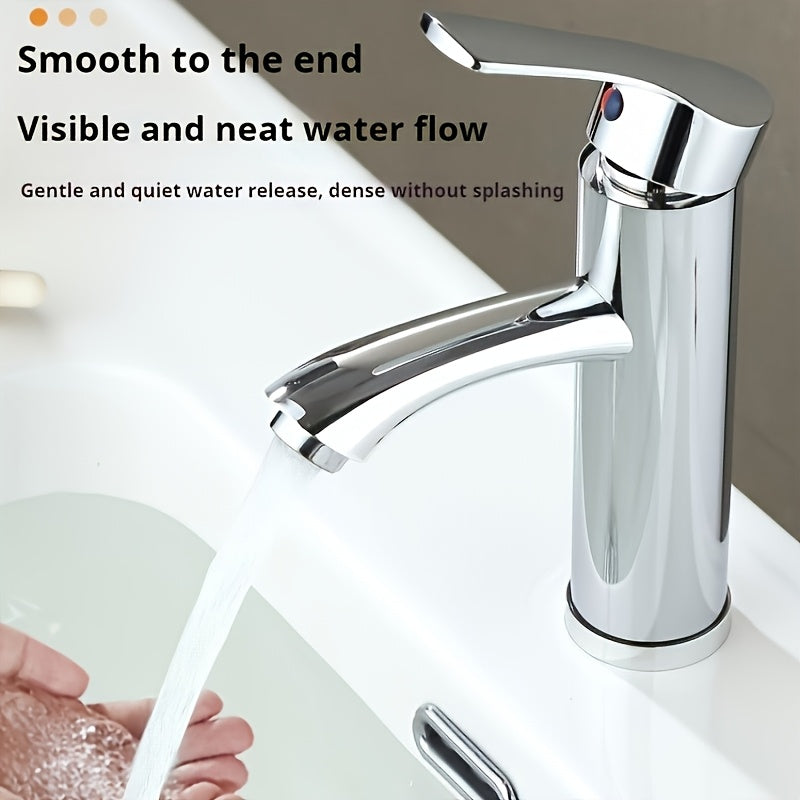 1 Modern Bathroom Faucet - Single Handle Round Deck Mount Mixer Basin Faucet, Hot & Cold Water, for Vanity, Sink Cabinet, Kitchen, Hotel, RV with Hoses