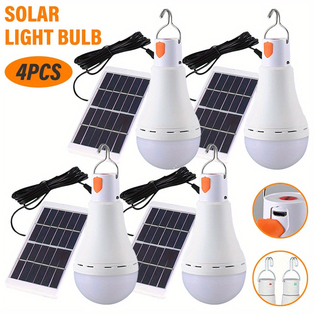 4PCS smart solar LED bulb, USB rechargeable emergency bulb, portable floodlight with hook, 3 lighting modes yard light, suitable for garden, camping, fishing, lantern, night light, emergency use