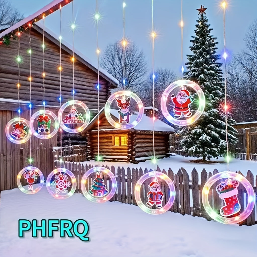 PHFRQ 八种模式，室外灯带，DIY圣诞圆环灯串LED圣诞灯-LED圣诞跨帘灯·圣诞装饰、卡片纸图案，节日礼物、派对装饰必备-发光圣诞树，圣诞老人挂饰-圣诞氛围庭院户外窗户装饰吊坠-USB插电，暖光，彩光