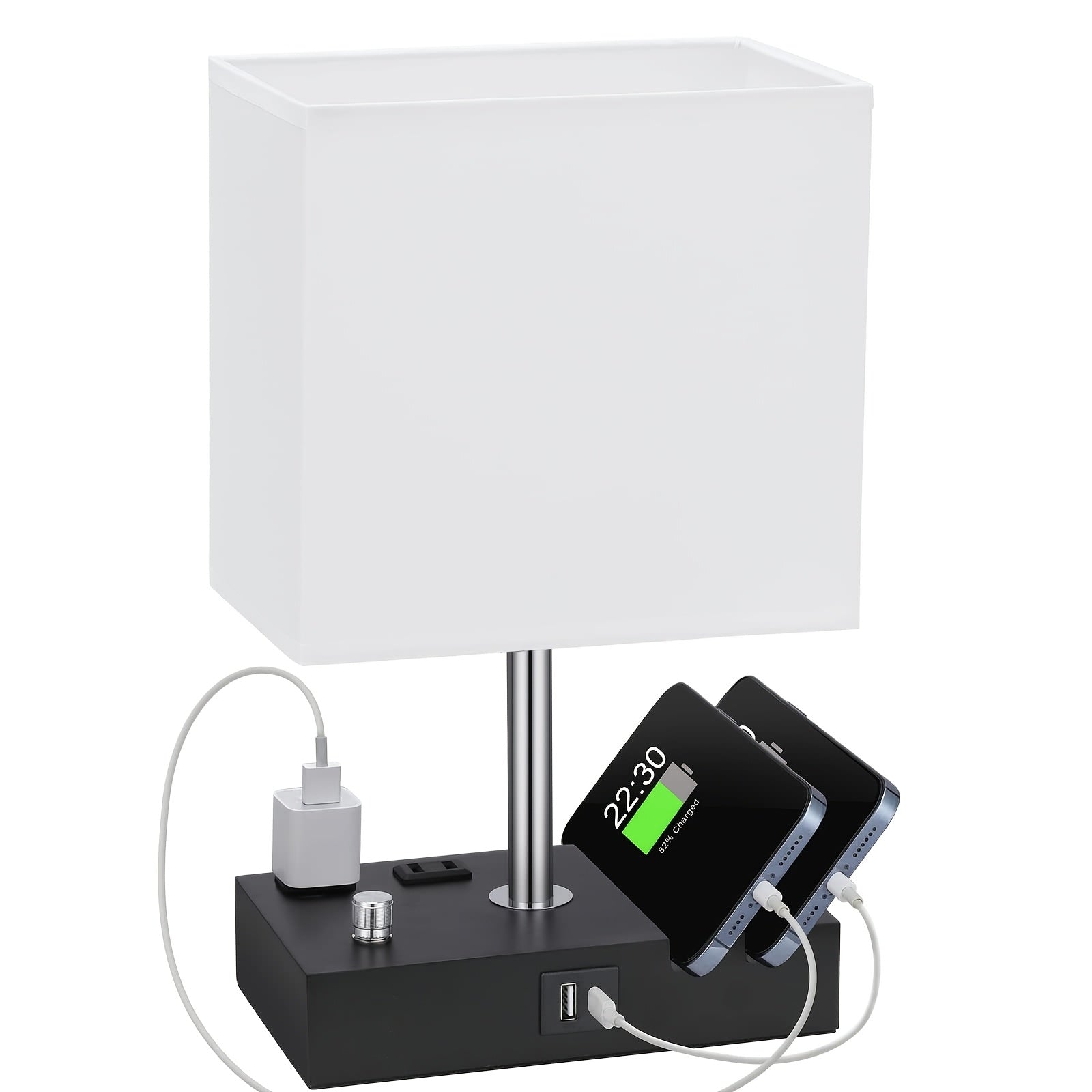 Bedroom table lamp, with dual USB ports, dimmable bedside lamp, with phone stand and 2 charging outlets, table lamp for nightstand and living room, LED bulb included