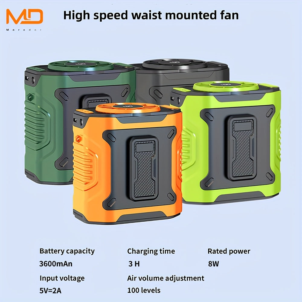 MOREDOR 5000mAh Portable Waist Clip Fan, Wearable Belt Personal Fan Rechargeable Battery, 5-10 Speed Levels with Flashlight, Hands-Free Neck Hanging Design, Ideal for Outdoor Travel Power Bank Use