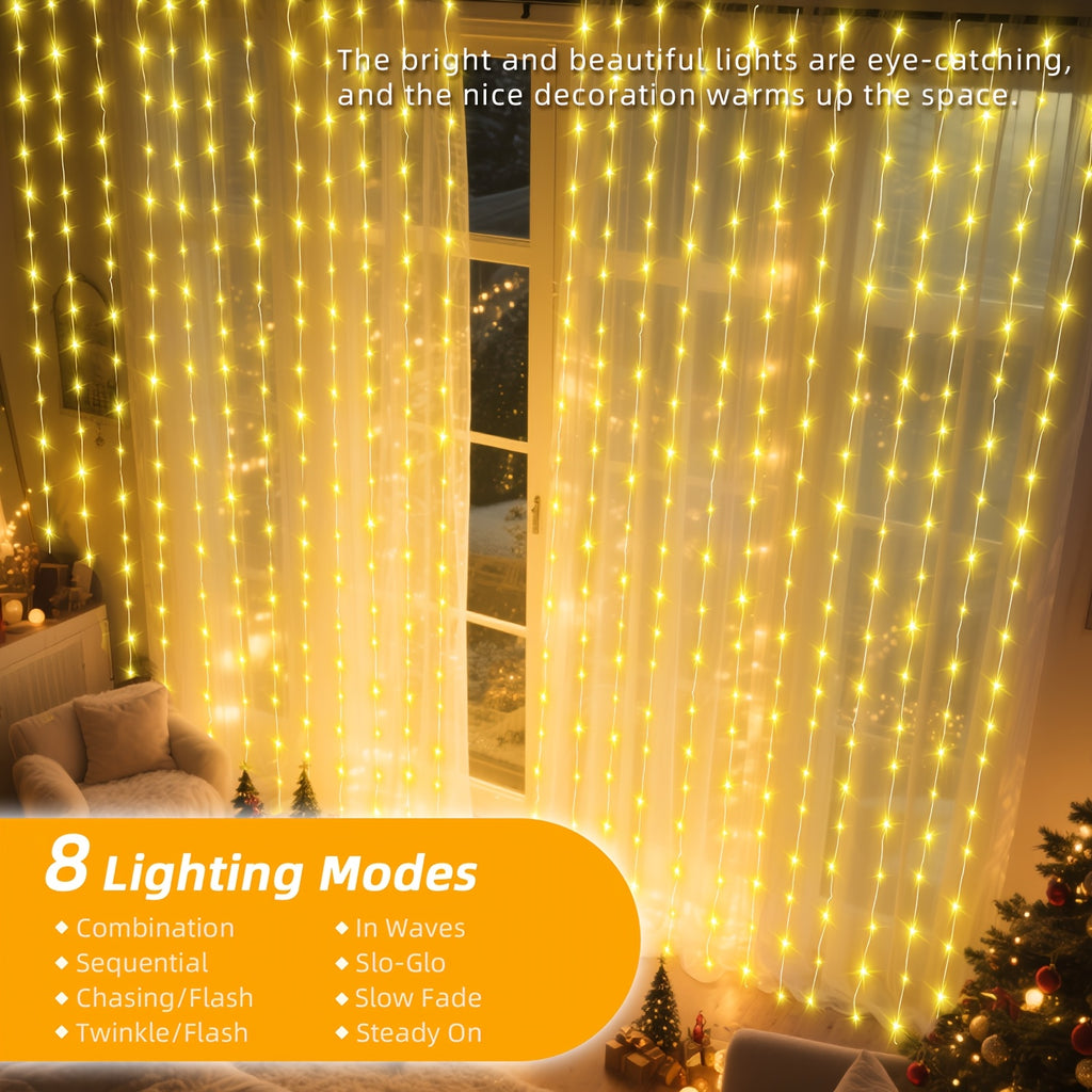 1 Pack LED仙女窗帘灯 300LED 8种灯光模式，USB供电，配备遥控器，带挂钩，圣诞装饰品，适用于室内家居、卧室、婚礼、派对、圣诞节装饰（带定时）