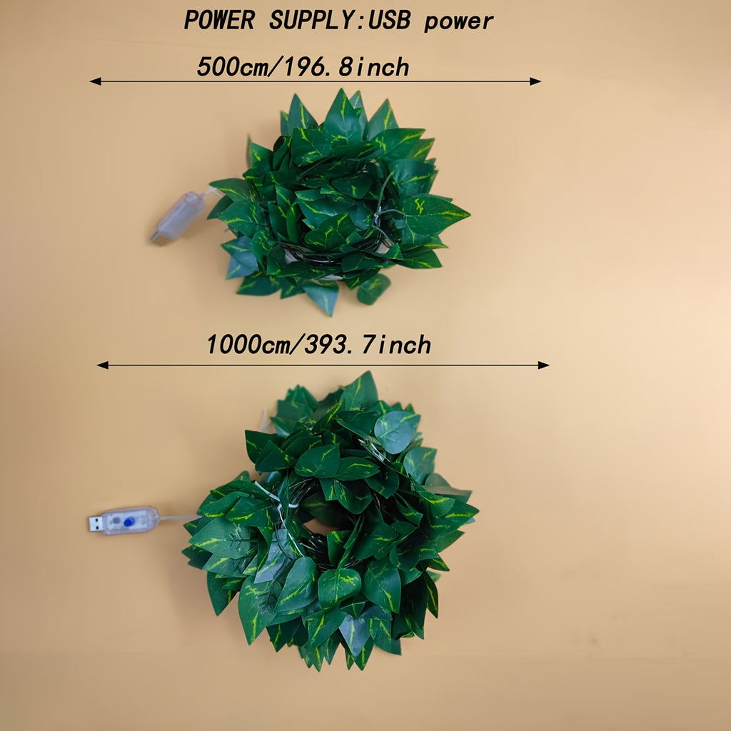 1PC LED绿萝叶装饰仙女灯，常青叶子灯串，绿色花卉，USB供电（不包含电源），8种灯光模式，适用于卧室、窗帘、墙壁，走廊、派对、节日、情人节、树木、婚礼、斋月节，毕业季，复活节，氛围装饰，发光仿真植物花环