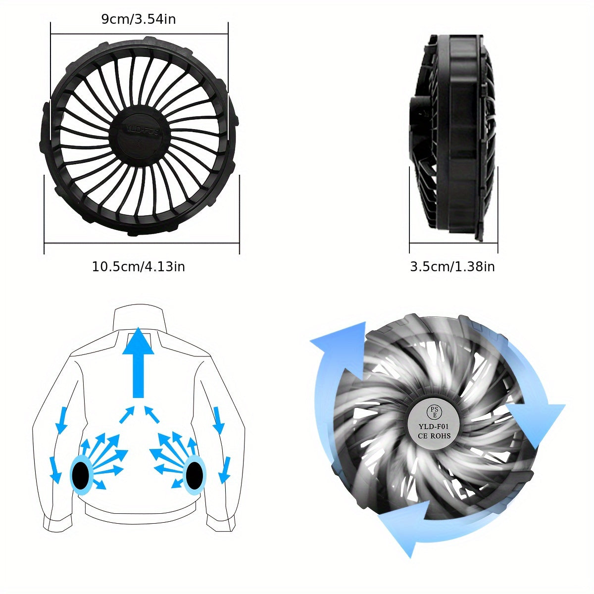 Fan Clothes Use 9-Blade Fan, High Airflow Brushless Motor, 5V USB Port Working Clothes Cooling Fan, 1 Pair