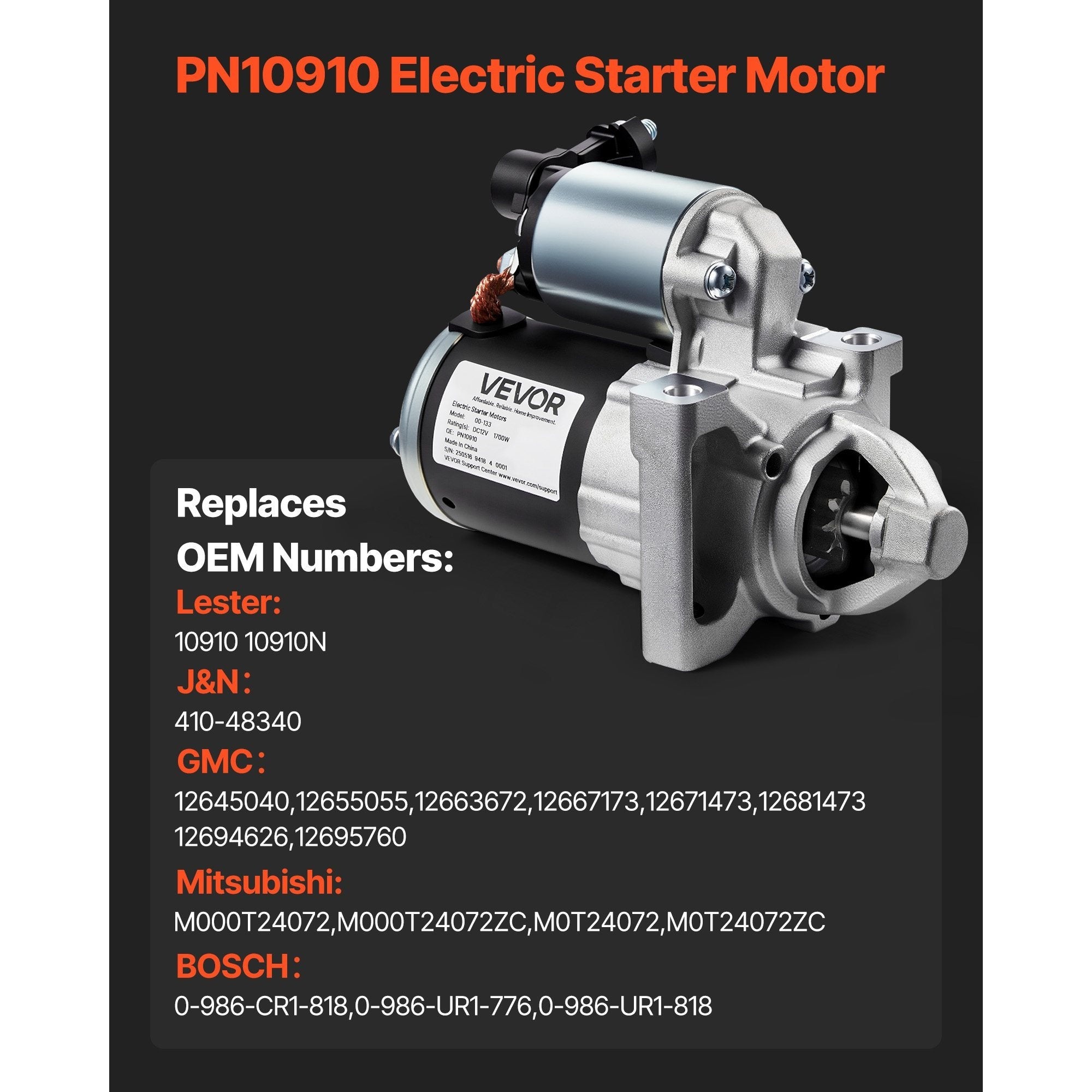 VEVOR Starter High Torque Starter Motor, Compatible with Cadillac Chevy GMC 10910 M000T24072