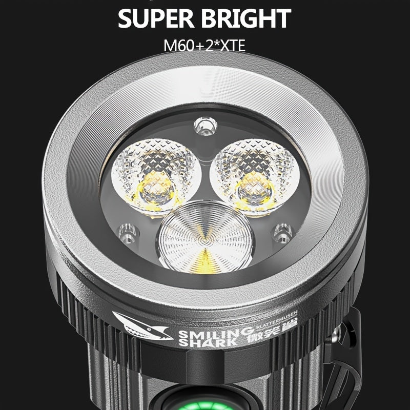 M60+2XPE Flashlight SMILING SHARK Ultra Bright 5 Modes Magnetic Strong Light Stepless Dimming Type-C Charging Metal Clip Pocket Size for Outdoor Camping Hiking Adventure