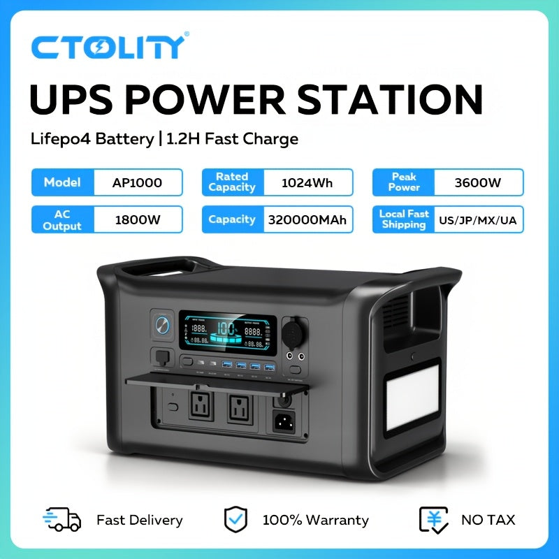 Ctolity 110W 太陽能板 (單體販售), 2400W/ 1800W/ 500W (峰值 4800W/ 3600W/1000W) 可攜式電源站, 2048Wh/ 1024Wh/ 345Wh LifePO4 電池, 400W/ 200W/ 100W 太陽能板可用於直接充電手機、筆記型電腦, UPS 功能