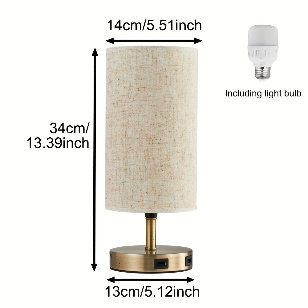 Antique bronze gold round linen table lamp, US plug, bulb included, touch three-step dimming, with in-line switch, with USB charging port, bedroom bedside lamp, office desk lamp, study desk lamp