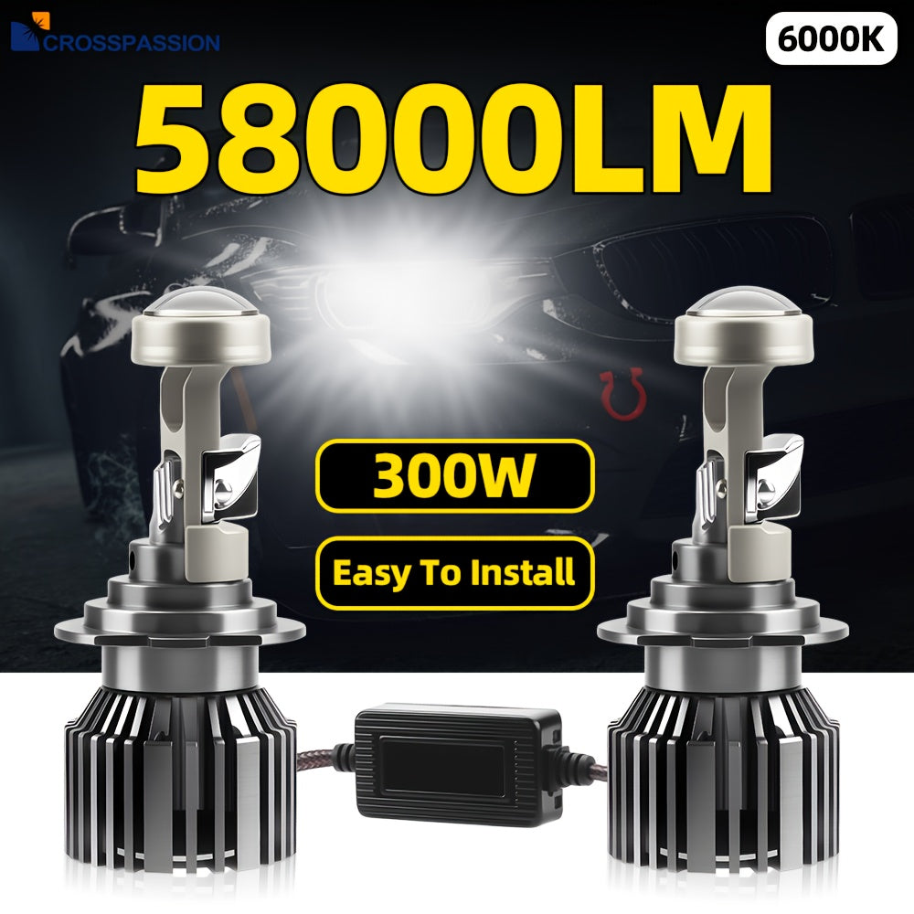 2-Pack H4 H7 Cool 6000K White Light LED Headlights, Compatible with 9005 HB3 9006 HB4 H11 Models, Equipped with Lens for Perfect Beam, 300W High Power, Easy Installation