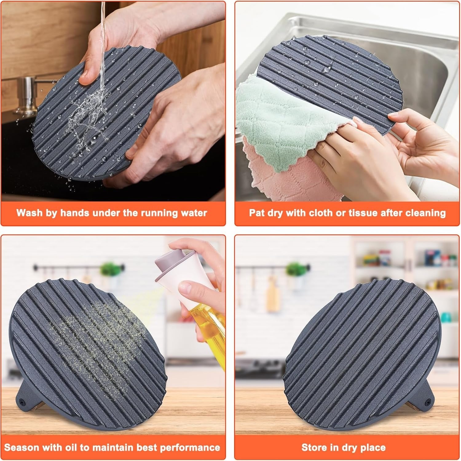 Cast Iron Meat Press Plate, Rectangular Round Striped Grid Grill Press for Steak and Barbecue, Uncoated with Beech Wood Handle