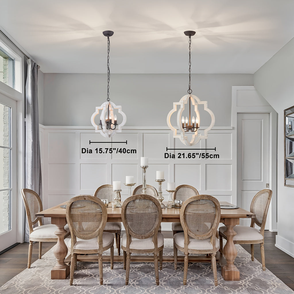 16" oak farmhouse pendant light | faux aged white wood chandelier, suitable for dining room, kitchen, living room, bedroom, entryway, foyer | semi-flush mount installation, polished metal lamp head, E12 bulb base, hardwired, MENCOLULU brand