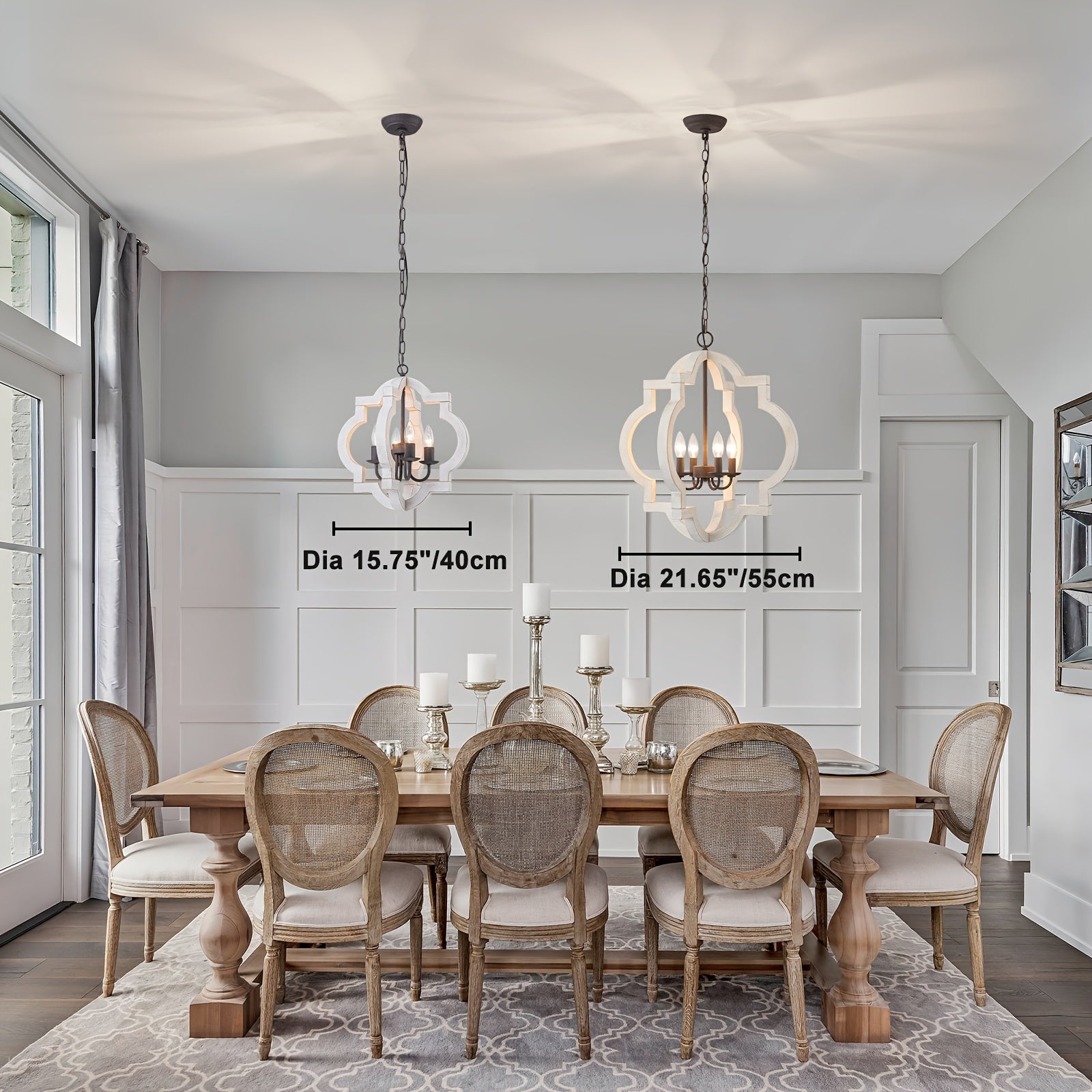 16" oak farmhouse pendant light | faux aged white wood chandelier, suitable for dining room, kitchen, living room, bedroom, entryway, foyer | semi-flush mount installation, polished metal lamp head, E12 bulb base, hardwired, MENCOLULU brand
