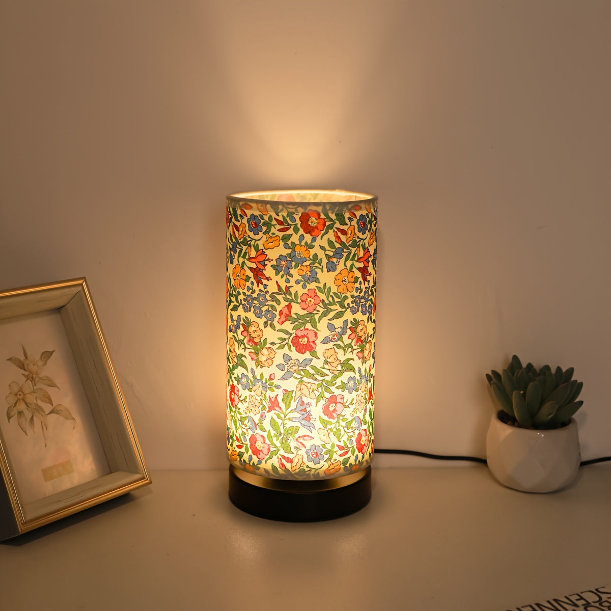 1 piece modern Nordic floral fabric bedside lamp - USB-powered upward lighting table lamp with switch control, durable plastic and metal base suitable for bedroom, living room, study - unique home decor gift idea, ambient light source