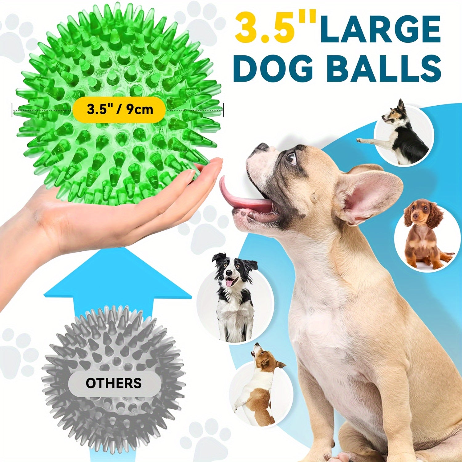 3.5英寸大型犬玩具球，4/6只装吱吱响狗玩具，耐咬狗玩具适合强力啃咬者，带刺狗球清洁牙齿与训练用，大型犬接球玩具，幼犬磨牙玩具