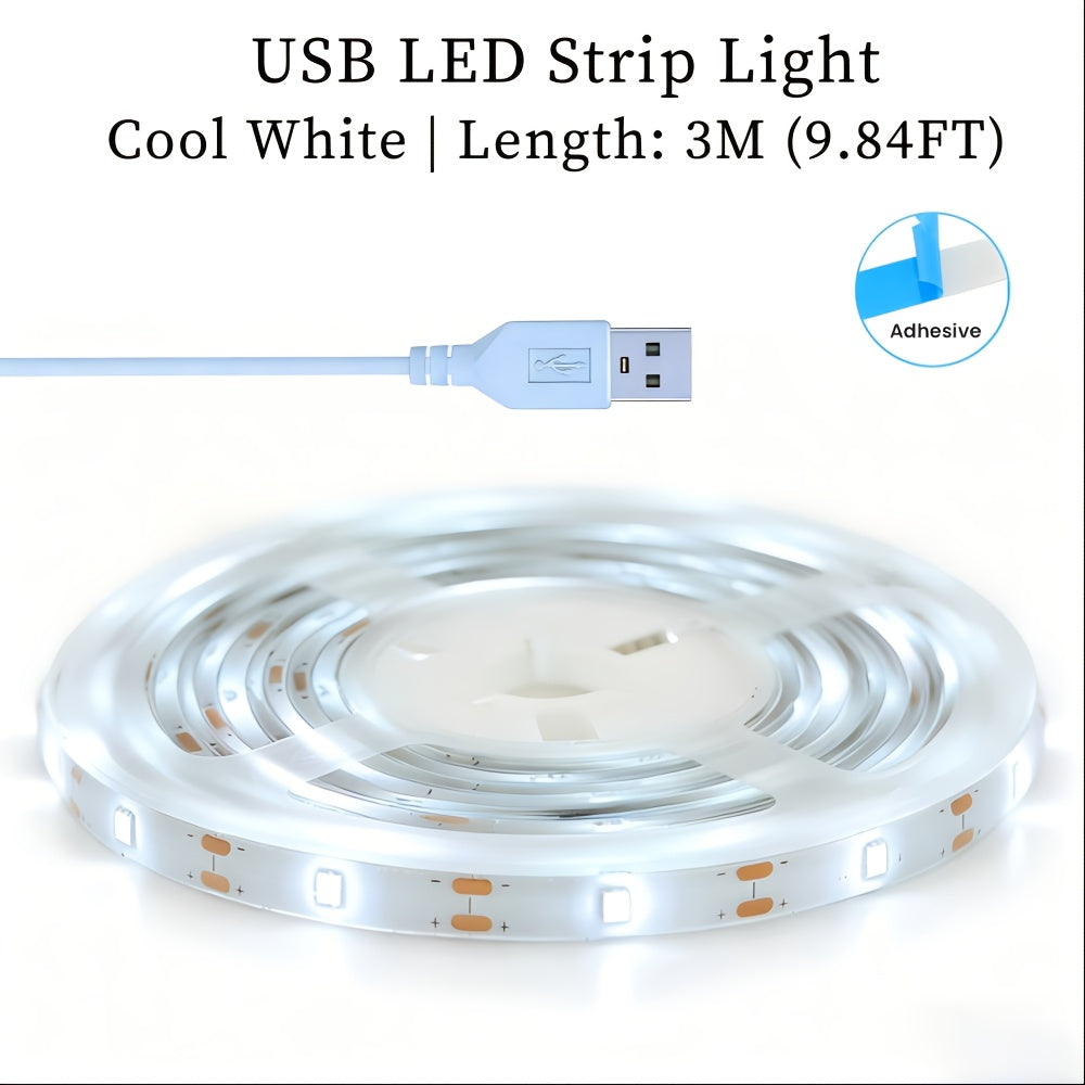 5V USB 超薄可裁剪 LED 灯带 暖白光冷白光 自粘背胶 宿舍化妆台楼梯橱柜衣柜展示柜氛围灯 卧室床头电视背景墙装饰灯 1/3/5 米