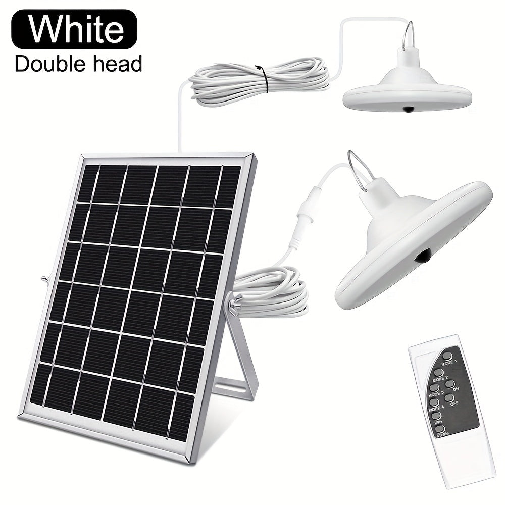 Solar pendant light with motion sensor, one-to-two dual-head dual remote control, waterproof solar barn light, multiple modes adjustable brightness, soft light eye-friendly, suitable for indoor and outdoor, barn, chicken coop, workshop