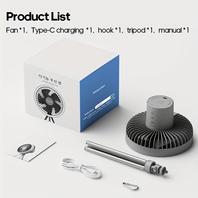 Outdoor Essential 10000mAh USB Rechargeable Camping Fan, Timing Portable LED Ceiling Camping Light Fan with Metal Tripod, Can Be Used as Power Bank, Suitable for Outdoor Camping Home Office, Equipped with Portable Storage Bag