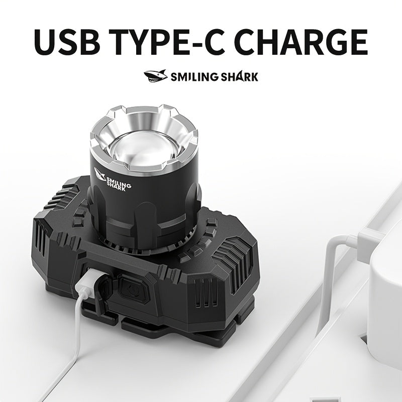 SMILING SHARK Rechargeable Headlamp, Super Bright XHP50 LED Core, USB Charging Cable Included, Zoomable Focus Adjustable, Hands-Free Design with Detachable Headband