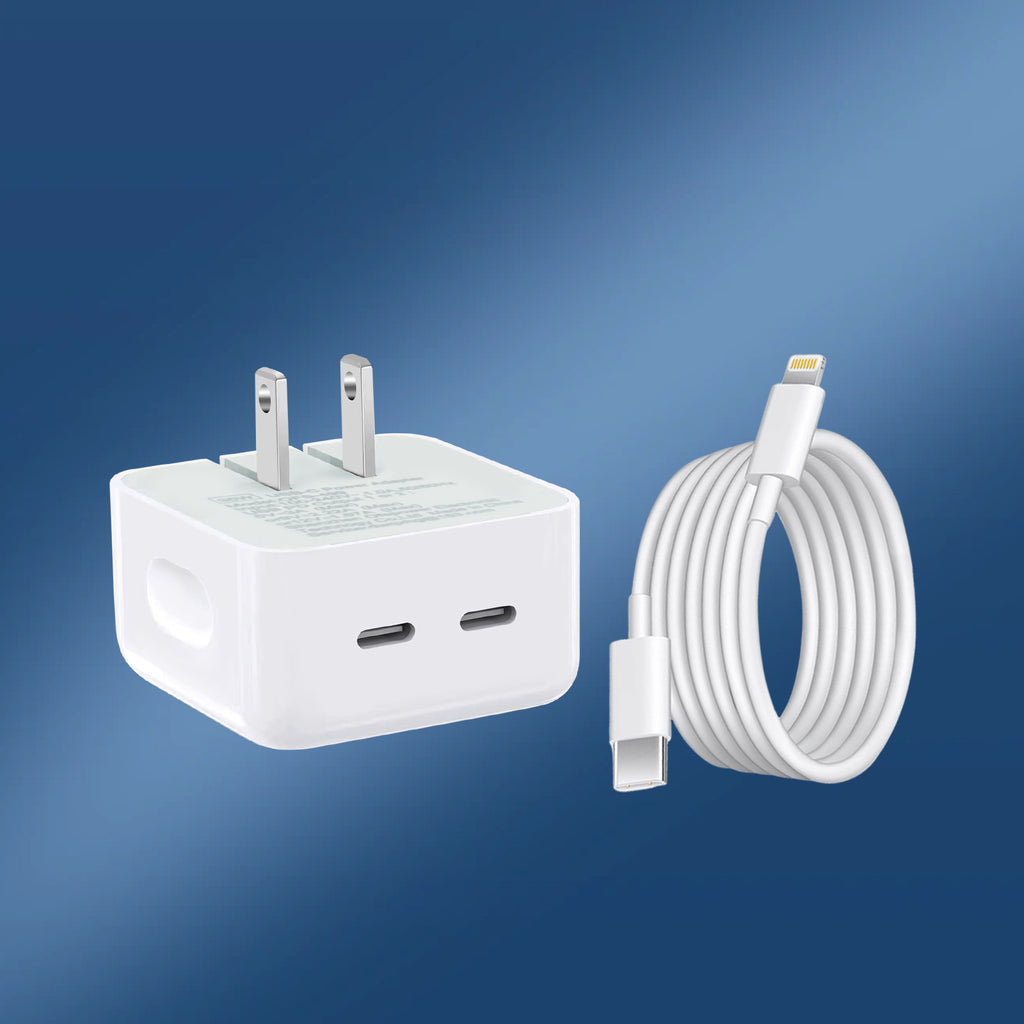 Foldable Dual USB-C Fast Charger - PD Power Adapter, Compatible [MFi Certified] for l Phone 13/ 14 Pro Max & More 4ft Fast Charging Cable Compact Wall Charger