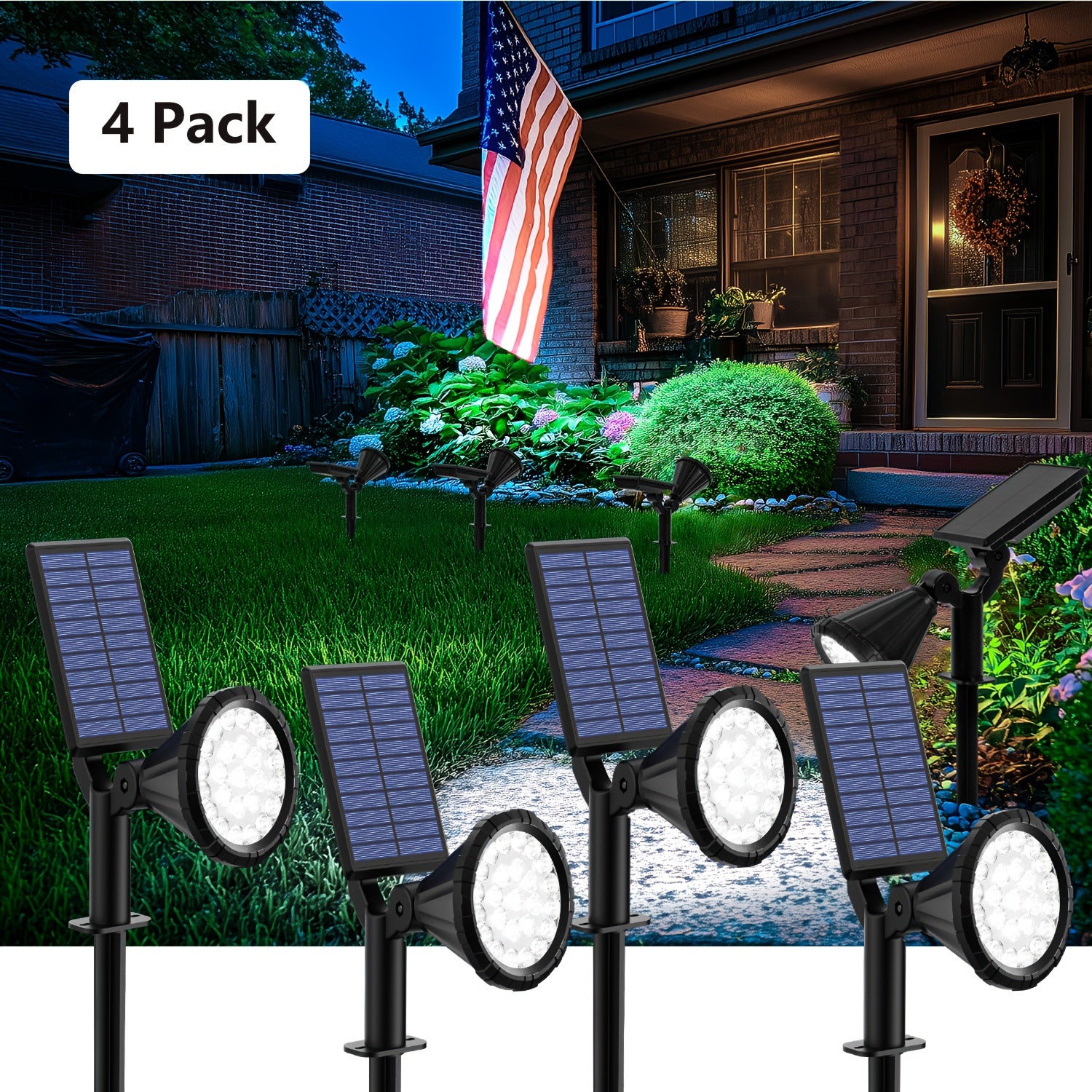 4-pack solar spotlight outdoor IP65 waterproof, flag accent lighting, solar Halloween decorative light, outdoor tree, house, yard, garden, landscape spotlight for Christmas decoration (cool/warm light)