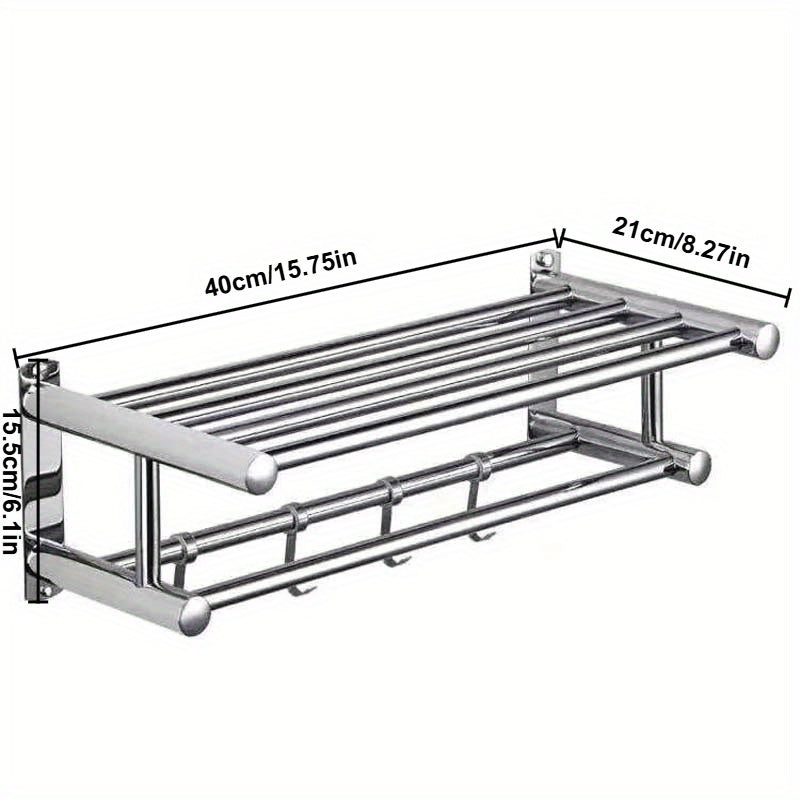 1pc Wall Mount Bathroom Double Layer Shelf - 19.69" Long, Easy Install with 5 Hooks, Polished Mirror Finish, Wide Spacing for Ventilation & Drying, for Home Bathroom, Hotel Toilet