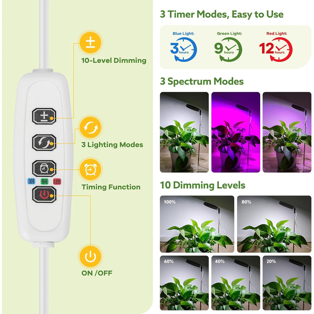 Full Spectrum Indoor Plant Grow Light, 48 LED Plant Lamp for Indoor Plants, 2 Installation Methods, 3 Optional Spectral Modes, 3/9/12H Timer, 10 Dimmable Brightness Levels