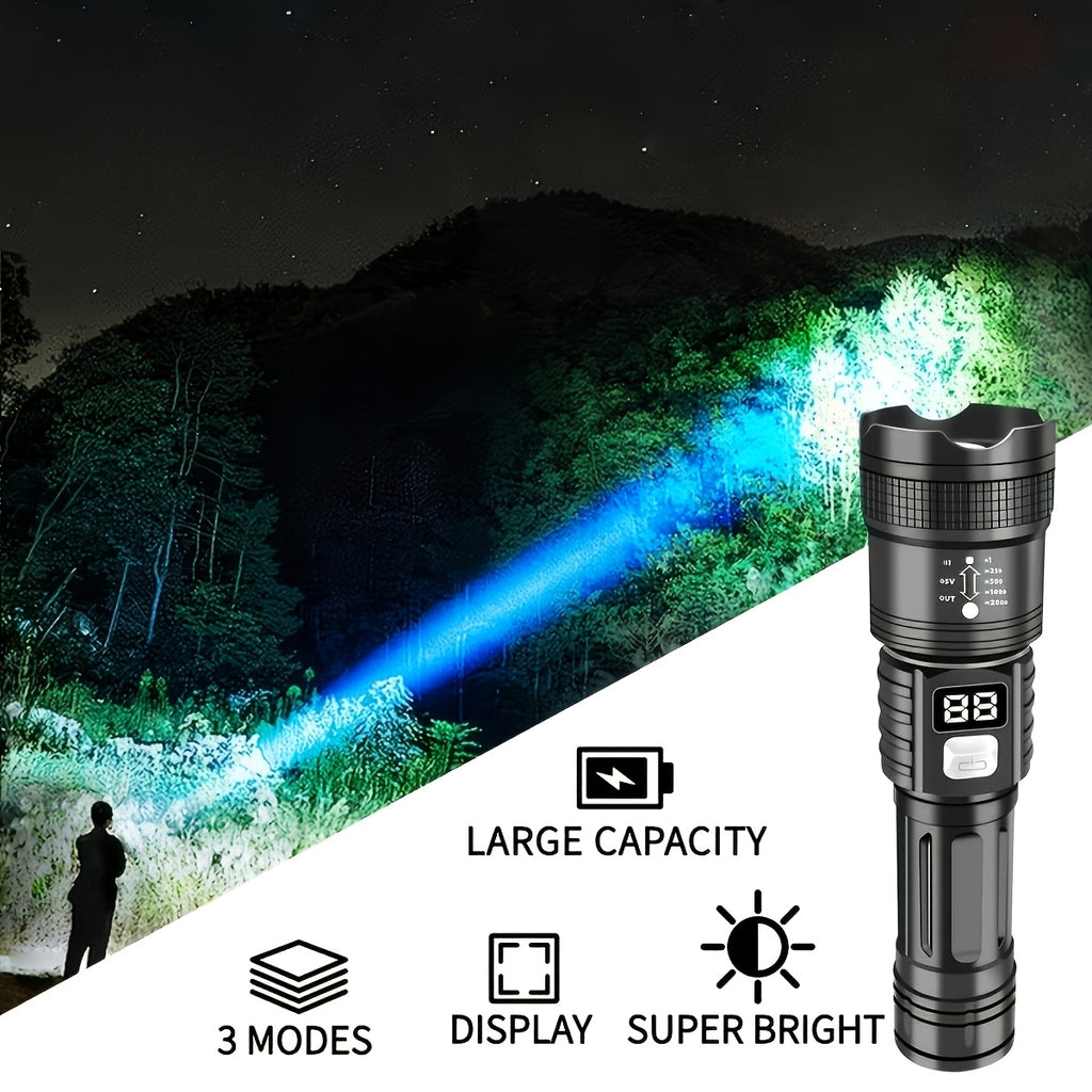 P900 LED Tactical Flashlight IP44, High Brightness Zoom Flashlight 800mAh Rechargeable Battery USB Charging Adjustable Beam Camping Outdoor Emergency Outdoor Gear Durable Structure