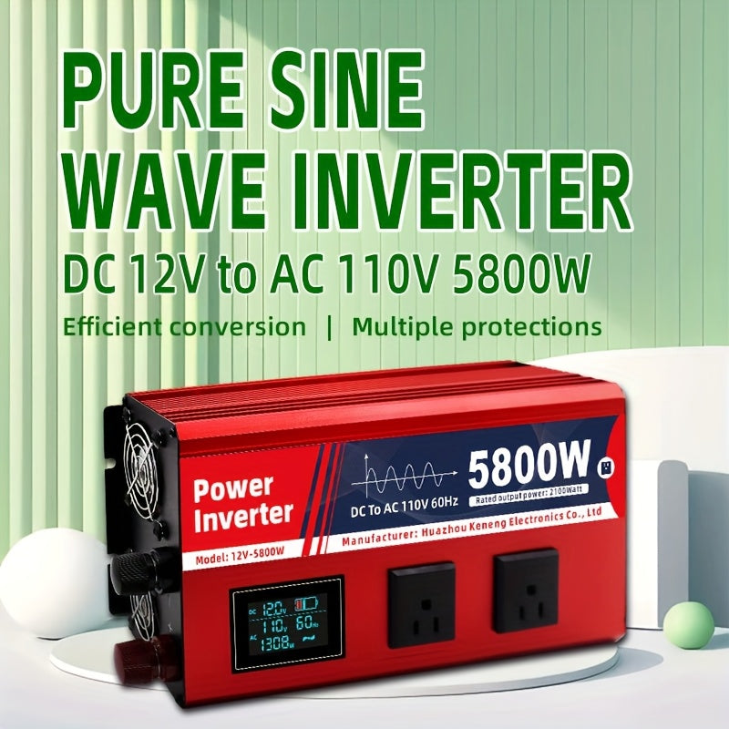 2100W/5800W持续功率汽车电源转换器DC12V转AC110V便携式逆变器，适用于房车、汽车、移动电源，多功能车辆露营设备，露营和旅行的过载保护、旅行电源|便携式逆变器,无电池