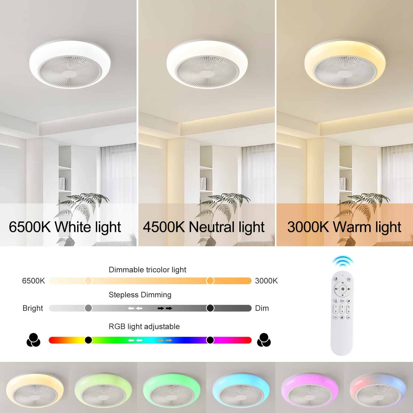45cm/17.71 Inch Minimalist Modern Ceiling Fan, 6 Speed Levels, Quiet Operation, RGB Light, Ideal for Bedroom, Dining Room