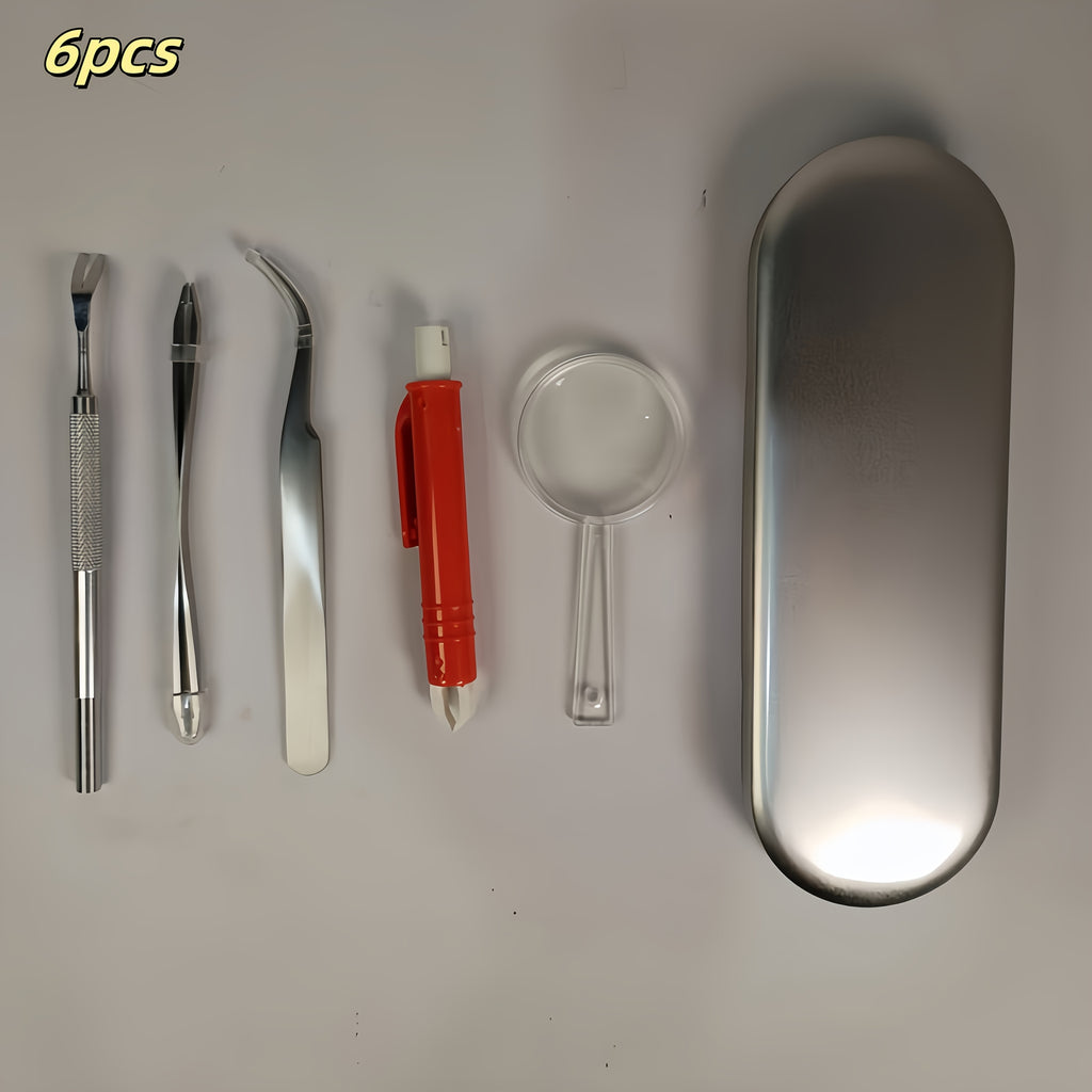 6pcs||更环保更安全|带放大镜 |适合抓取小虫子|拯救动物|适用于狗、猫、马和人类的除蜱工具 |增强设计|蜱虫抓取器 |铁盒收纳更方便|方便老年人使用