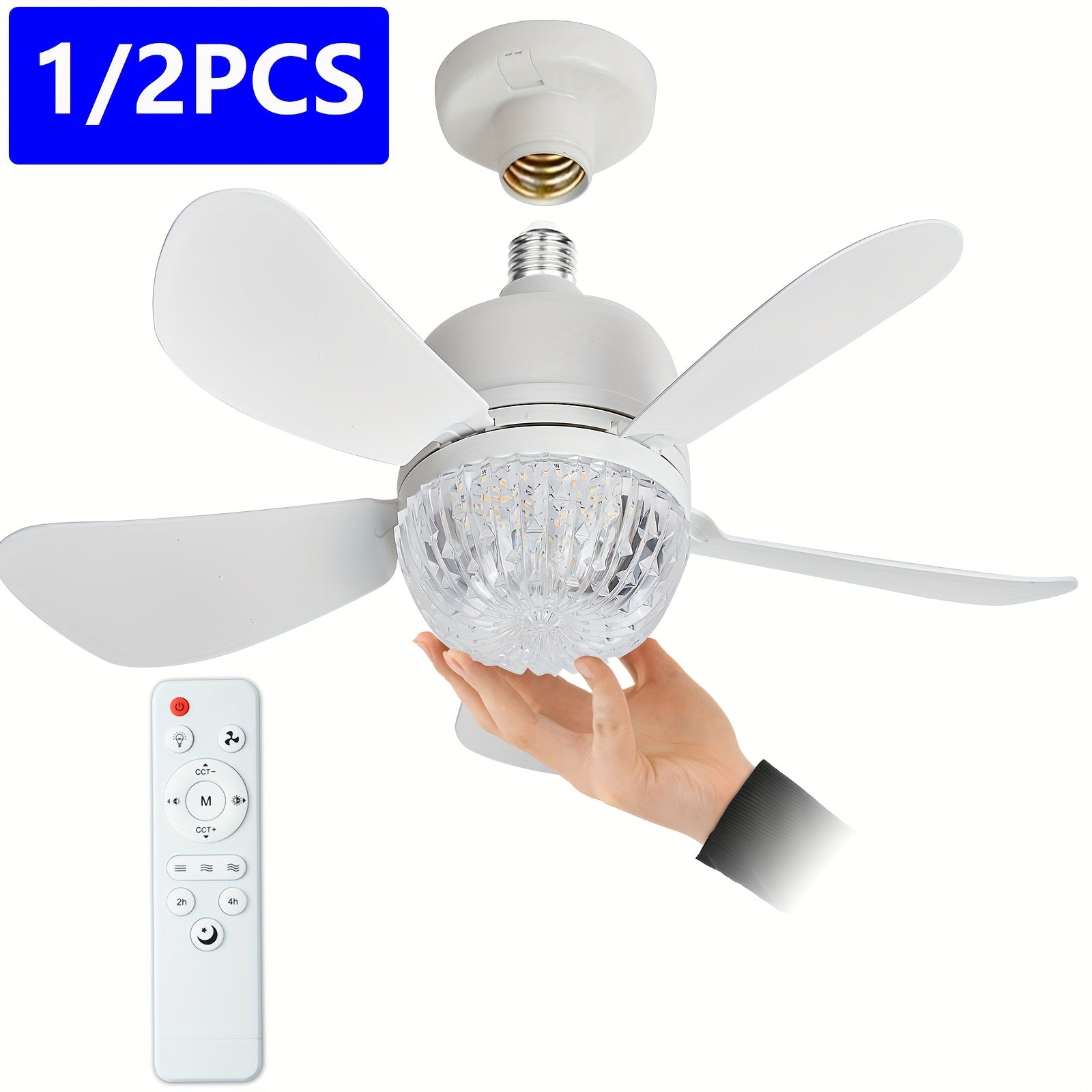 1/2 Pack Christmas Light Socket Ceiling Fan, Plug-in E27/E26 Fan Bulb with Remote, Mini Ceiling Fan 3 Speed Dimmable LED Light, Socket Fan for Kitchen Bedroom Small Rooms