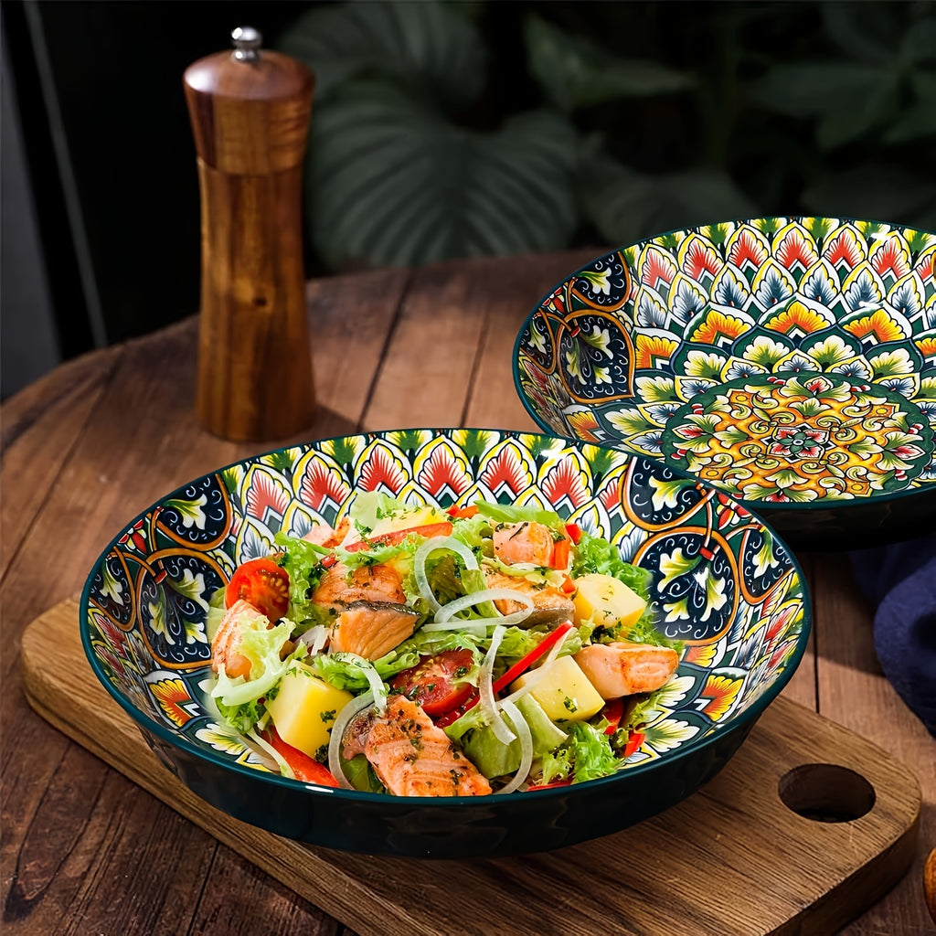 1-Piece Bohemian Floral Theme Ceramic Dinner Plate – 8-Inch Round Decorative All-Season Tableware, Perfect for Steak, Pasta, Breakfast – Microwave Safe Ceramic Dishware – Great for Christmas Gifts, Restaurant & Home Use