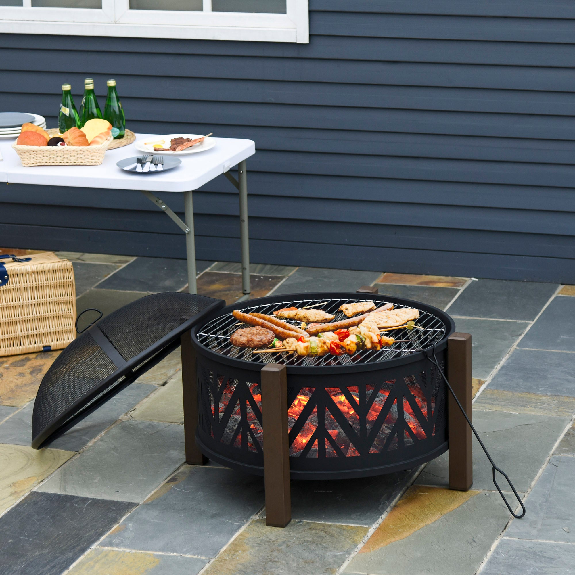31-Inch Outdoor Stove, 2-in-1 Round Stove Cover with Lid, BBQ Grill, Backyard, Camping, Campfire, Wood Stove, Black