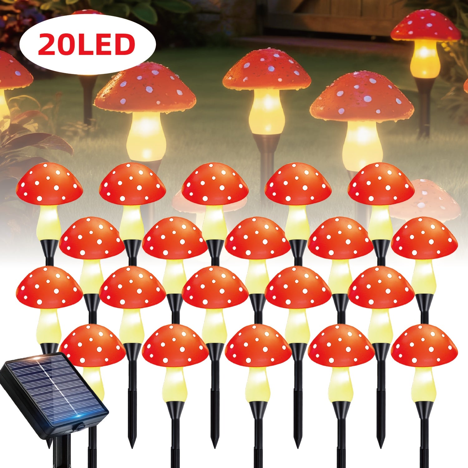 20/10 Pcs Outdoor Solar String Lights, LED Twinkling Fairy Mushroom Light, 12 Lighting Modes, Ground Insert Type, Red Mushroom Garden Decorative Light, Suitable for Party, Wedding, Camping, Lawn, Flower Bed, Valentine's Day