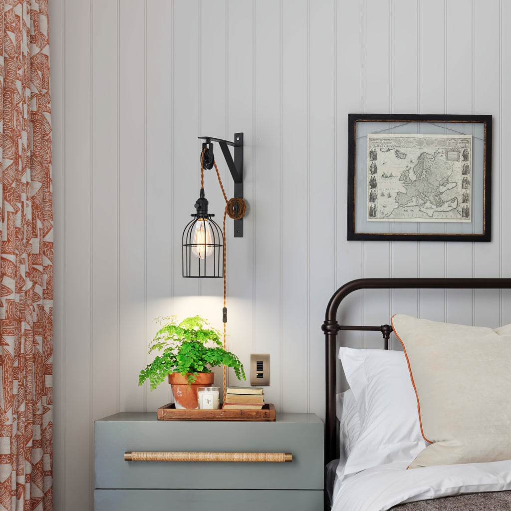 1/2-Piece Farmhouse Style Plug-In Pulley Pendant Light, with Brown Cord and Switch Wall Light